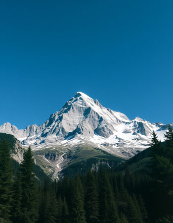 Mountain landscape with snow-capped peaks and coniferous forest