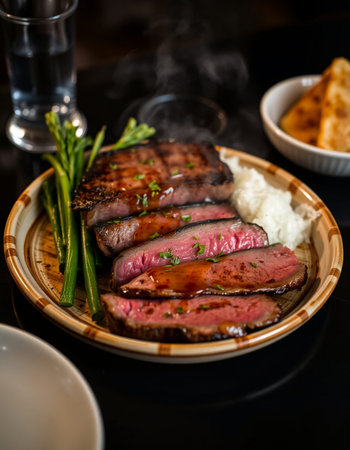 Grilled wagyu beef steak with rice on a wooden plateの写真素材