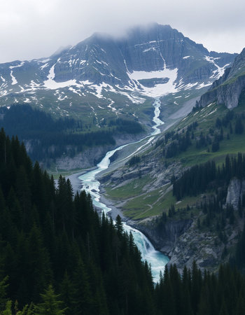 Beautiful view of the mountain river in the Alps, Switzerland.