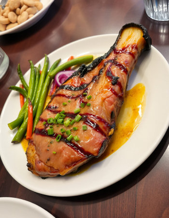 grilled salmon steak with soy sauce and green beans on white plate