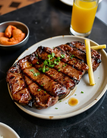 Grilled steak with french fries and sauce on a wooden table.