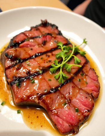 Japanese style grilled wagyu beef on white plate with parsley
