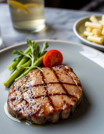 Grilled Tenderloin Steak with French Fries and Vegetablesの写真素材