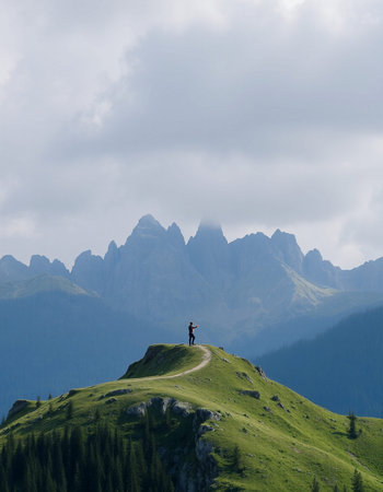 Hiker on top of a mountain in the Dolomites, Italy