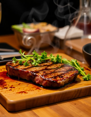 Grilled beef steak on a wooden board with herbs and soy sauce