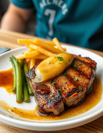 grilled steak with french fries and vegetables on white plate