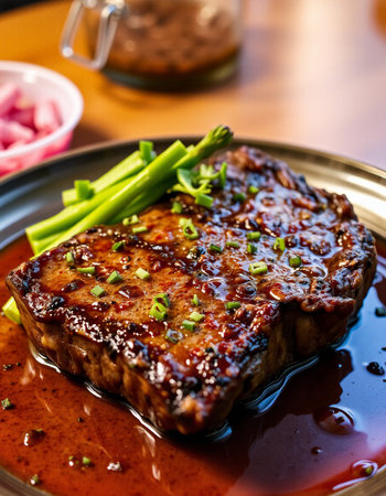 Grilled beef steak with celery and soy sauce on a plate