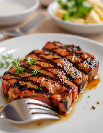 grilled steak with sauce on a white plate, close-up