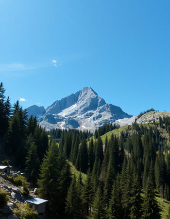 Mountain landscape with fir forest and blue sky. Dolomites, Italy