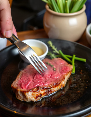 Beef steak on a black plate with a fork in a restaurant