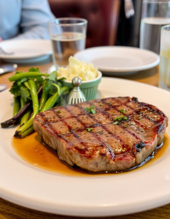 Beef steak with asparagus and sauce in a restaurant.
