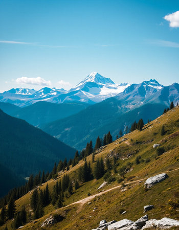 Beautiful mountain landscape with snow-capped peaks and coniferous forest