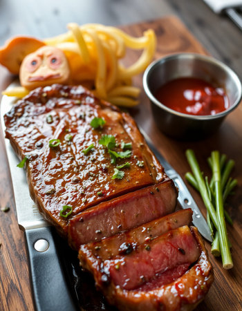 grilled beef steak with french fries and sauce on a wooden table