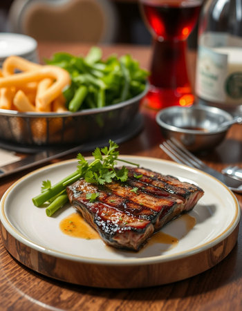 Grilled tuna steak with herbs and french fries on a wooden table