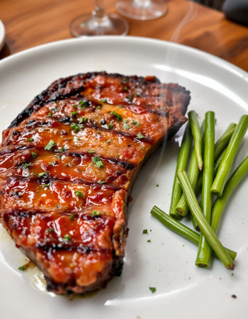 Grilled beef steak with green beans on a white plate