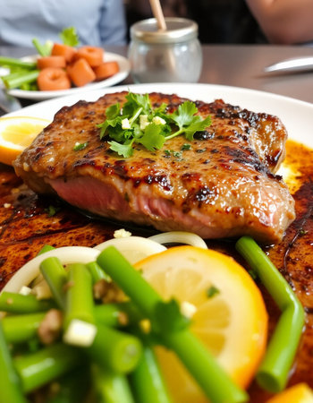 steak with asparagus and lemon on a plate in a restaurant