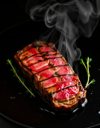 Grilled beef steak on black plate with smoke on black background.
