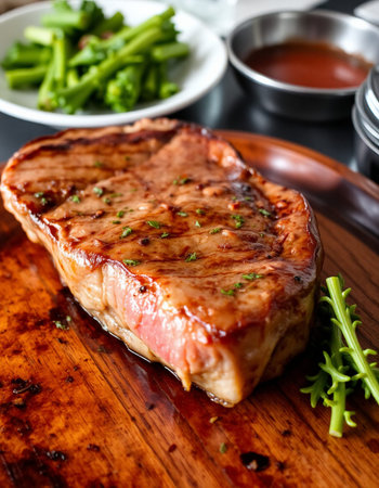 Grilled Tenderloin Steak with Vegetables on Wooden Cutting Board