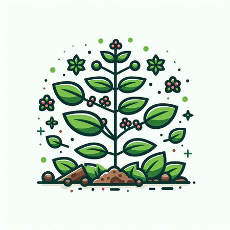 Vector illustration of green sprout with leaves and flowers in flat line style.のイラスト素材