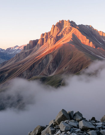 Mountain landscape with clouds and fog at sunrise
