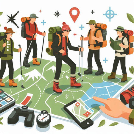 Hiking people on the map. Vector illustration in flat style.のイラスト素材