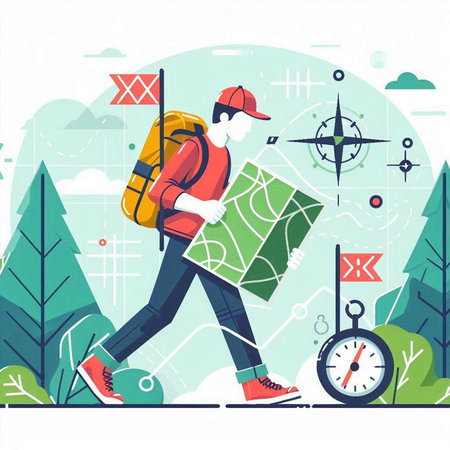 Traveler with a backpack and a map. Vector illustration in flat styleのイラスト素材