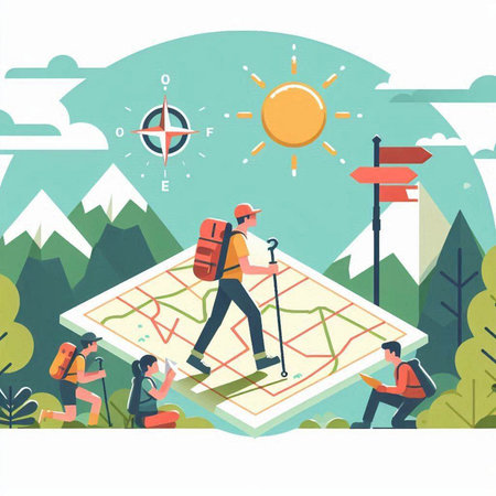 Tourists with backpacks and map. Flat design vector illustration.のイラスト素材