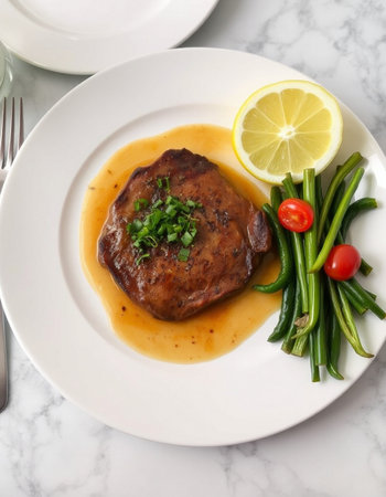 Beef Steak with Lemon and Vegetables on White Marble Tableの写真素材