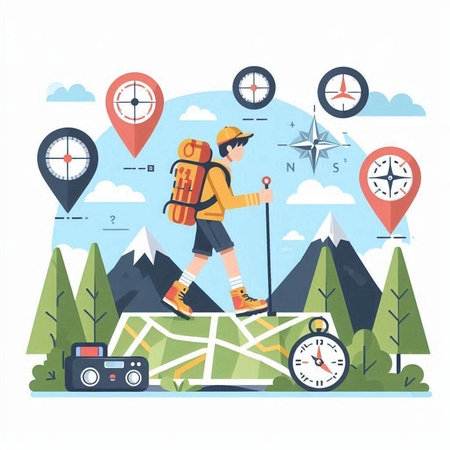 Tourist with backpack and compass on the map. Vector illustration.のイラスト素材