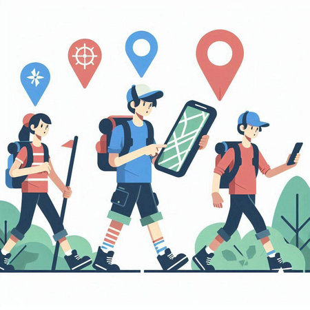 Tourist people with map and gps navigator. Vector illustration.のイラスト素材