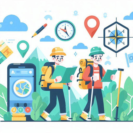 Tourist with map, compass and backpack. Vector illustration in flat styleのイラスト素材