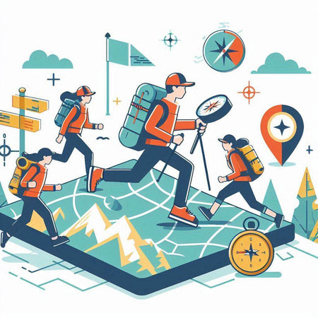 Hiking tourists on the map. Vector illustration in cartoon style.のイラスト素材