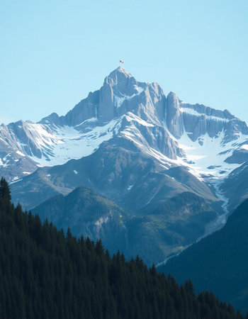 Mountains in the Alps with a red flag in the foreground