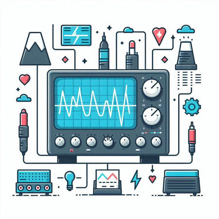 Vector illustration of modern flat thin line design. Multimeter, radio, computer, electronics and technology concept.のイラスト素材