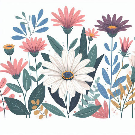Seamless pattern with daisies and leaves. Vector illustration.のイラスト素材