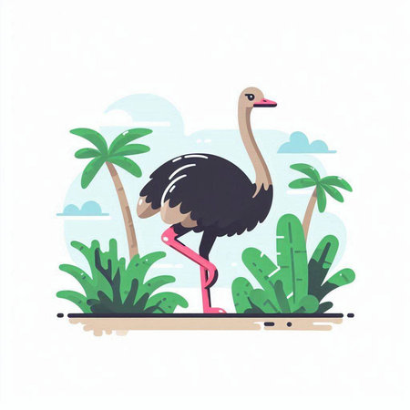 Ostrich on the beach. Vector illustration in flat style.のイラスト素材