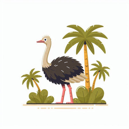 Ostrich on the background of palm trees. Vector illustration.のイラスト素材