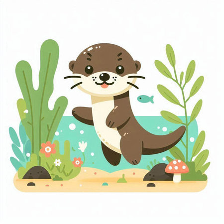 Cute otter on the bottom of the pond. Vector illustration.のイラスト素材