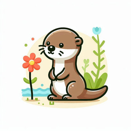 Cute otter with flower in the garden. Vector illustration.のイラスト素材