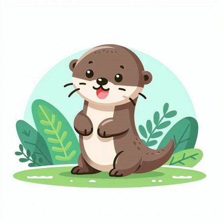 Cute cartoon otter sitting in the grass. Vector illustration.のイラスト素材