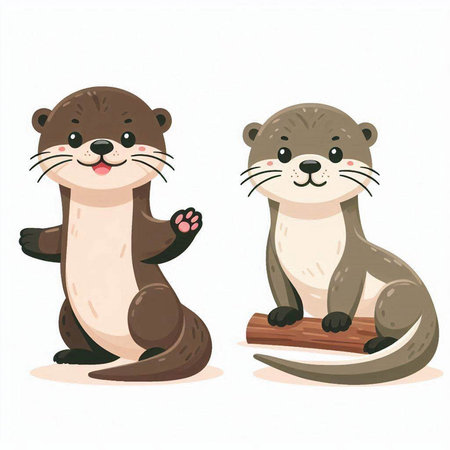 Two cute otters sitting on a log. Cartoon vector illustration.のイラスト素材