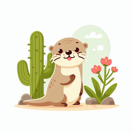 Cute otter and cactus. Vector illustration in cartoon styleのイラスト素材