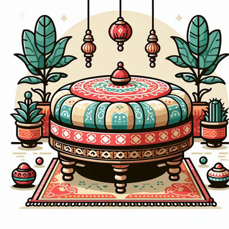 Vector illustration of oriental table. Decorated with ethnic elements.のイラスト素材