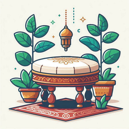 Ramadan Kareem greeting card with islamic lantern and potted plantsのイラスト素材