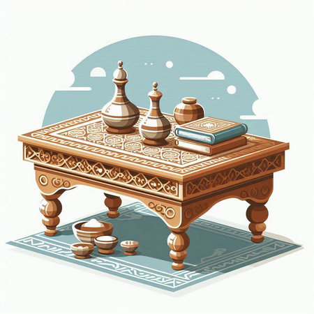 Vector illustration of a wooden chess table with chess pieces and books.のイラスト素材
