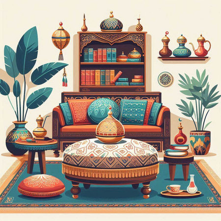 Vintage interior with armchair, bookshelf, coffee table and bookshelf. Vector illustrationのイラスト素材