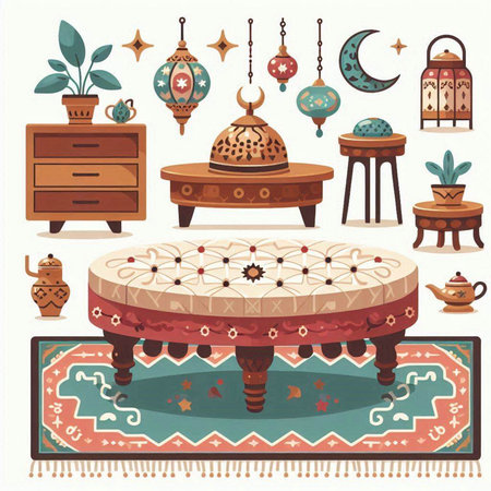 Vector set of interior elements. Furniture for the Muslim feast of the holy month of Ramadanのイラスト素材