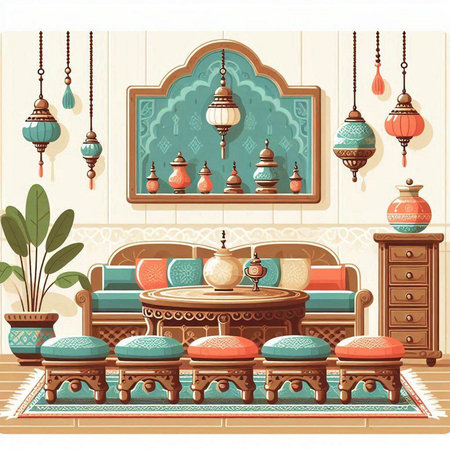 Interior of the living room in oriental style. Vector illustrationのイラスト素材
