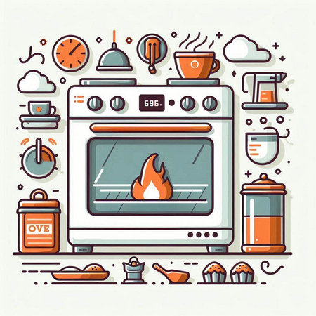 Kitchen stove and utensils. Vector illustration in line style.のイラスト素材