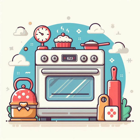Kitchen stove and kitchenware. Vector illustration in flat style.のイラスト素材